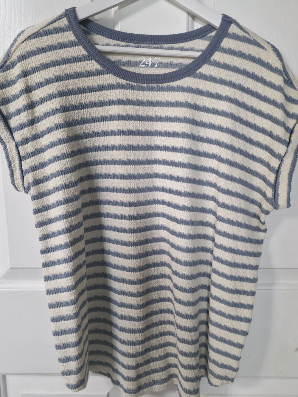 Maurices Cream and Blue Striped Short Sleeve Tee